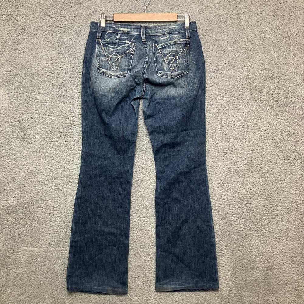 VTG Y2K Bebe Bootcut Flare Jeans Women 28 Blue Denim Embellished Pockets USA